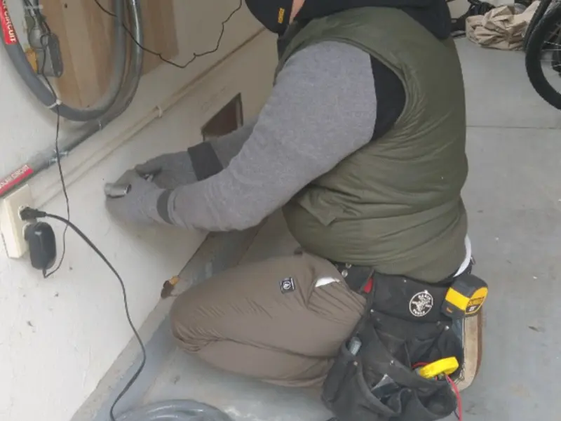 Electrician performing outlet wiring in a Hanover garage